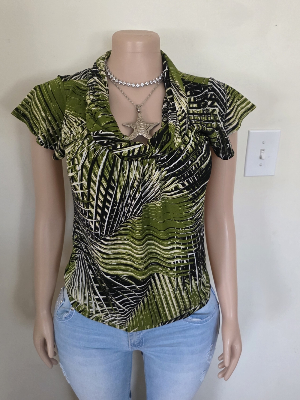 Worthington Olive Green Black White Patterned Cowl Neck Top